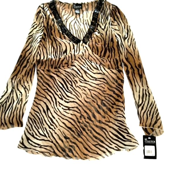 NY COLLECTION orange black tiger print v neck sequin blouse top - Picture 1 of 4